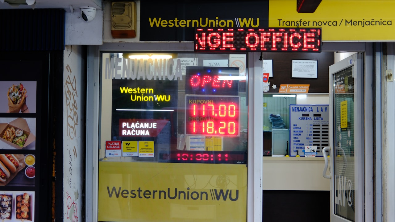 Western union exchange office with open sign