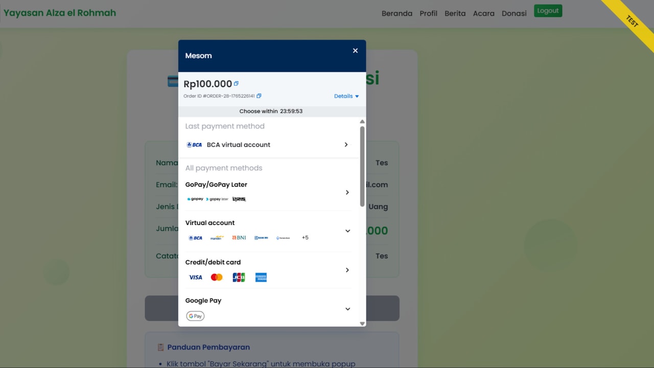 Online payment form with credit card options displayed.