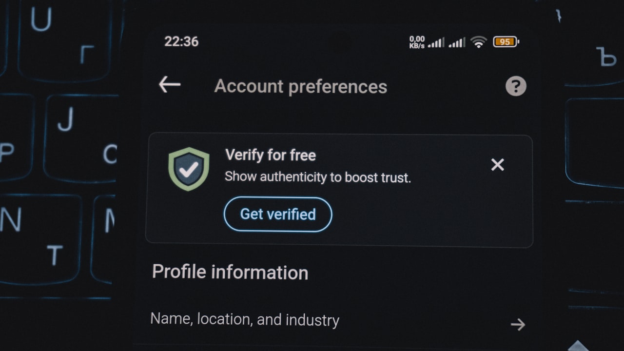 Account preferences screen with verification prompt