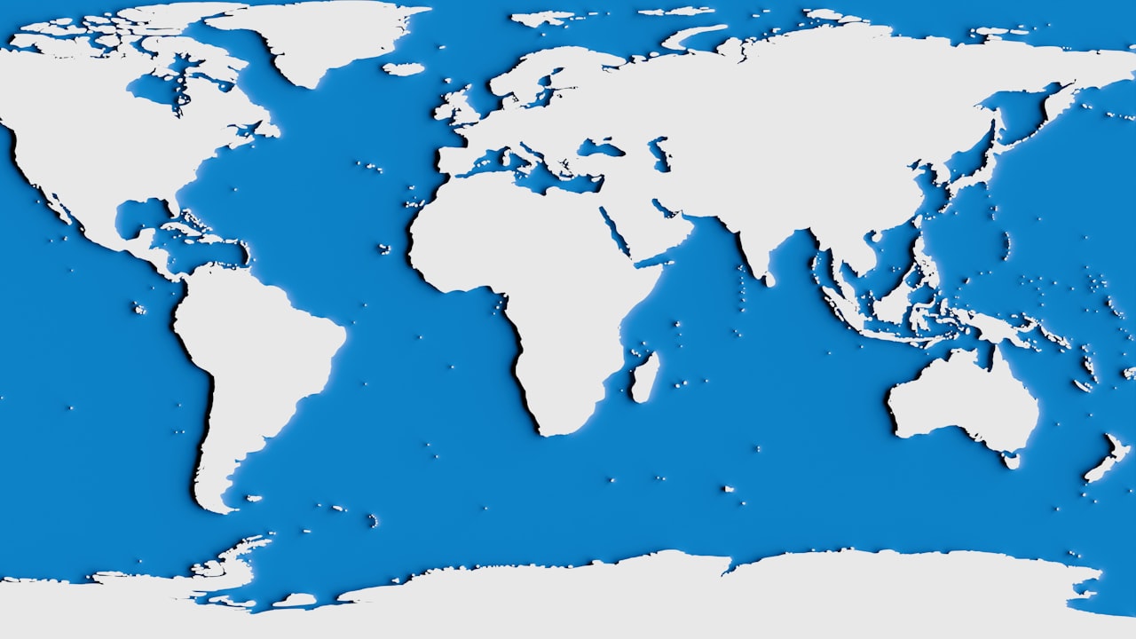 a blue and white map of the world